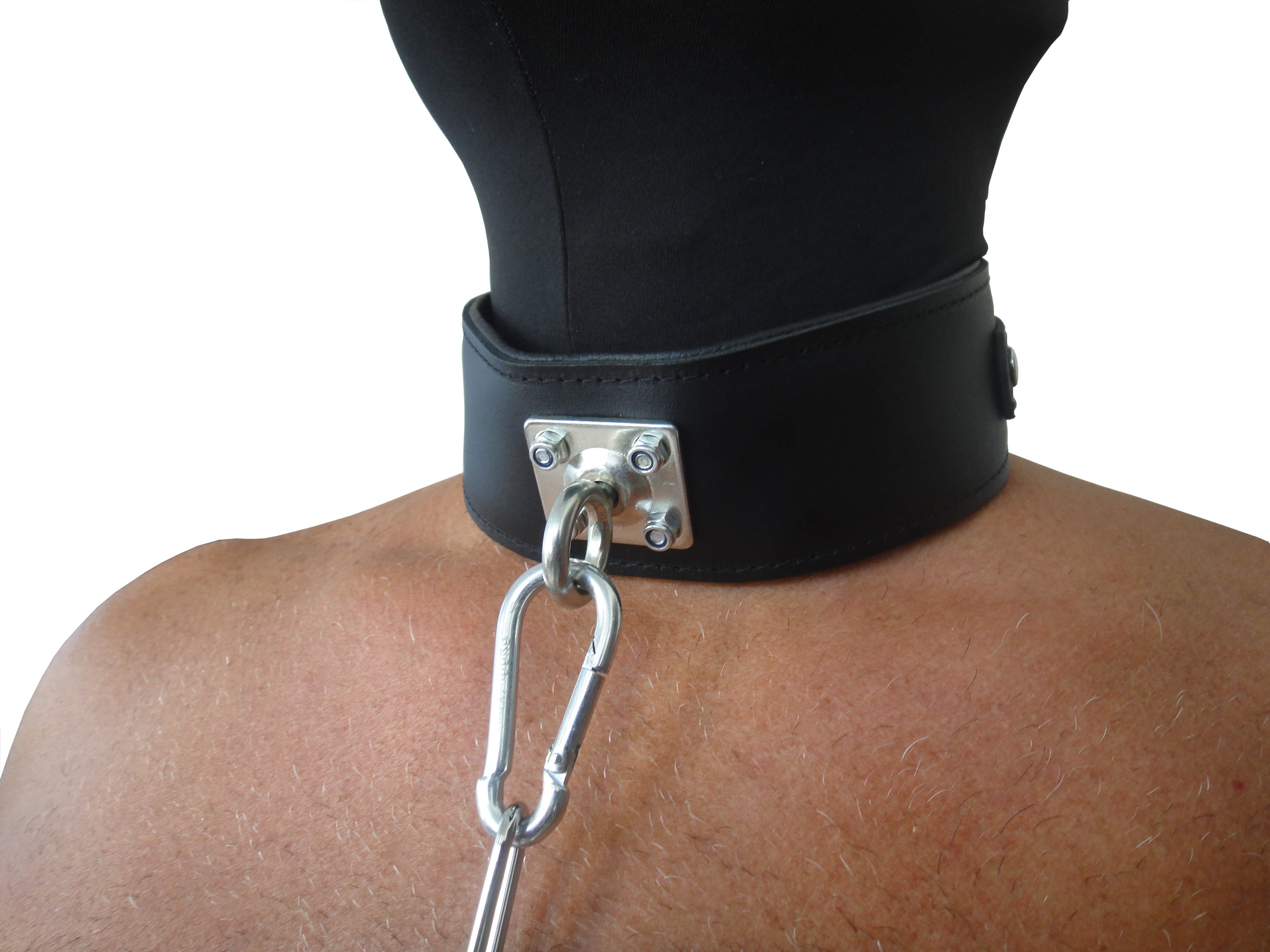 Leder Fesselset mit drehbaren Edelstahlringen Schwarz mit dicker Kette und Karabinern