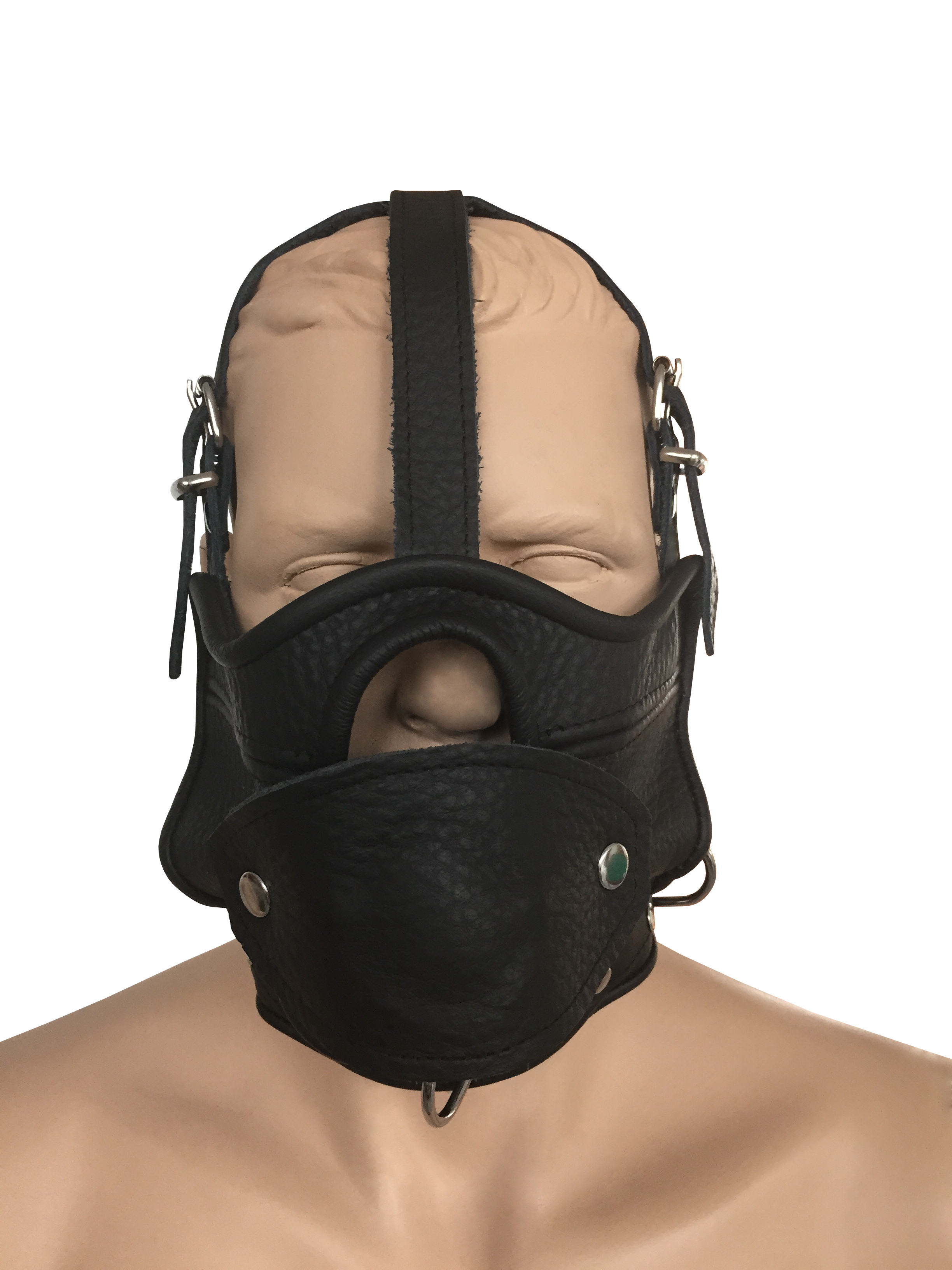 Maske mit Öffnung, abknüpfbarem Mundknebel und integrierter Halsfessel