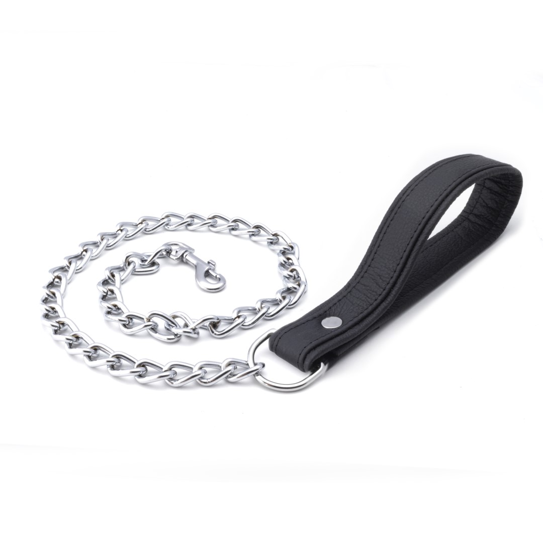 Soft Leder Leine mit Kette Schwarz - Führleine Exquisit