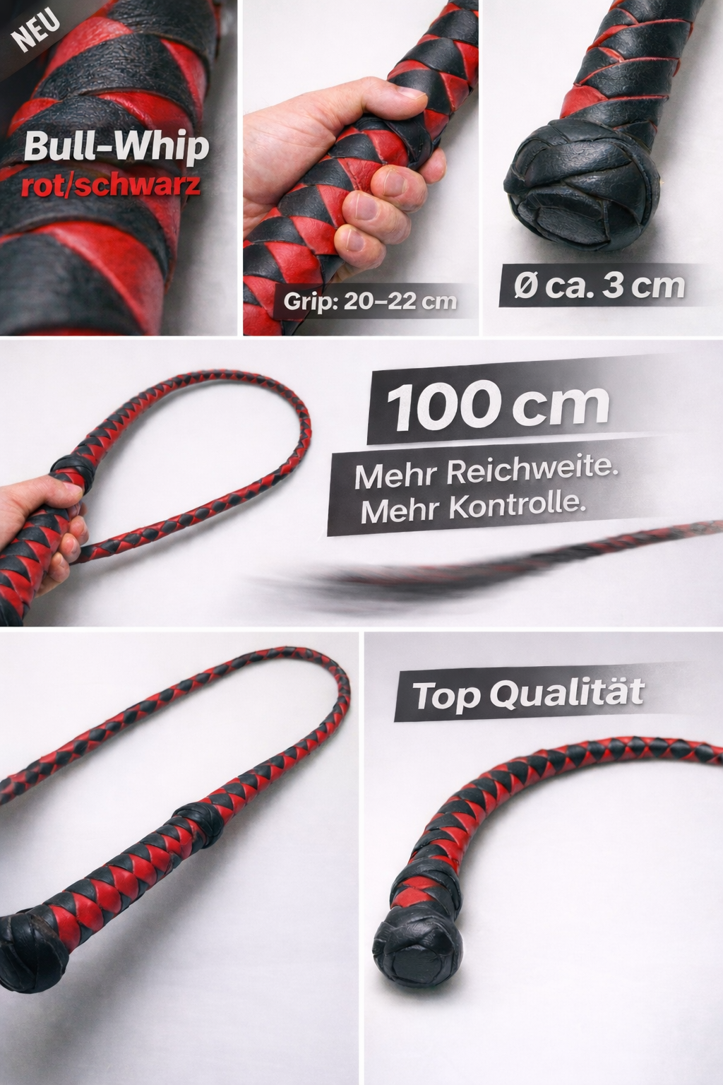 PEITSCHE - Bull-Whip rot/schwarz 100cm