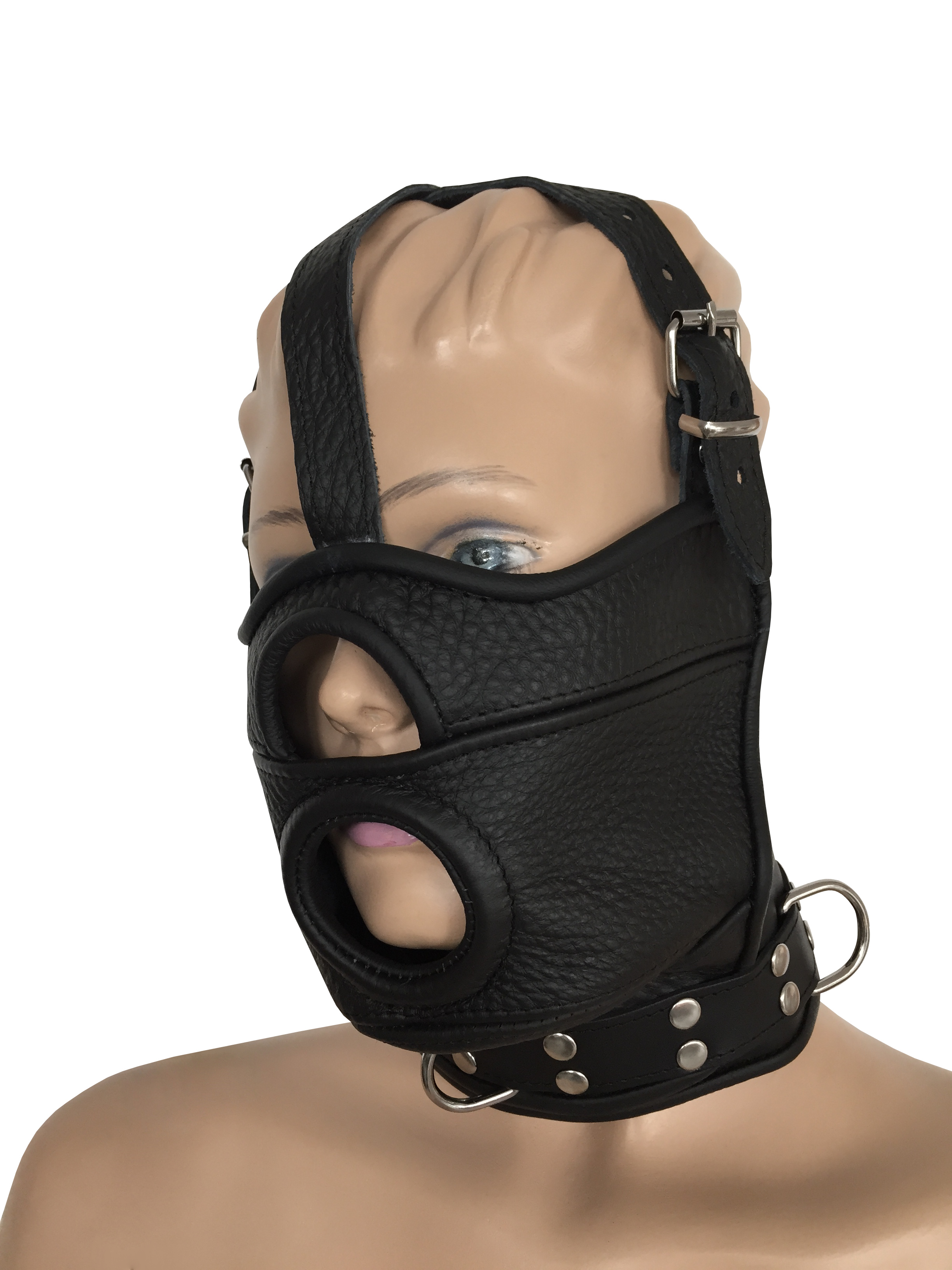 Maske mit Öffnung, abknüpfbarem Mundknebel und integrierter Halsfessel