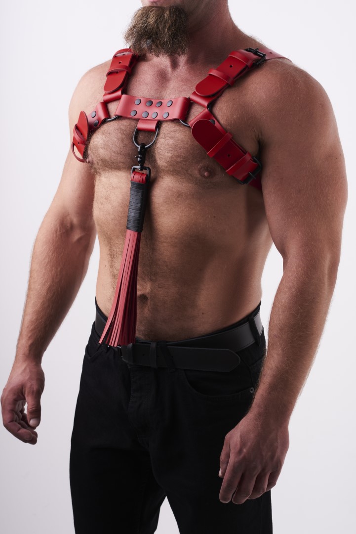 Lederpeitsche mit Karabiner Schwarz/Rot
