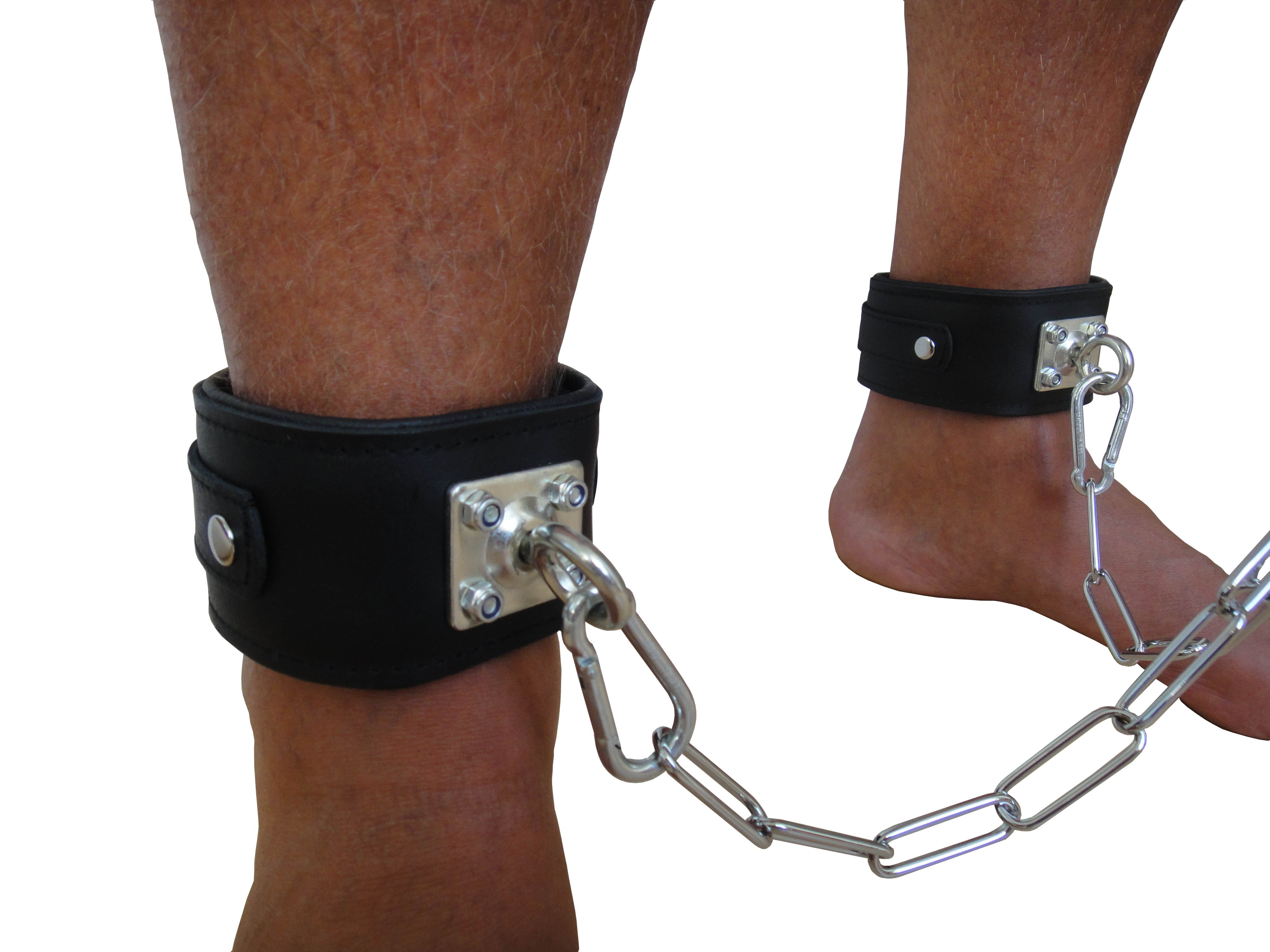 Leder Fesselset mit drehbaren Edelstahlringen Schwarz mit dicker Kette und Karabinern