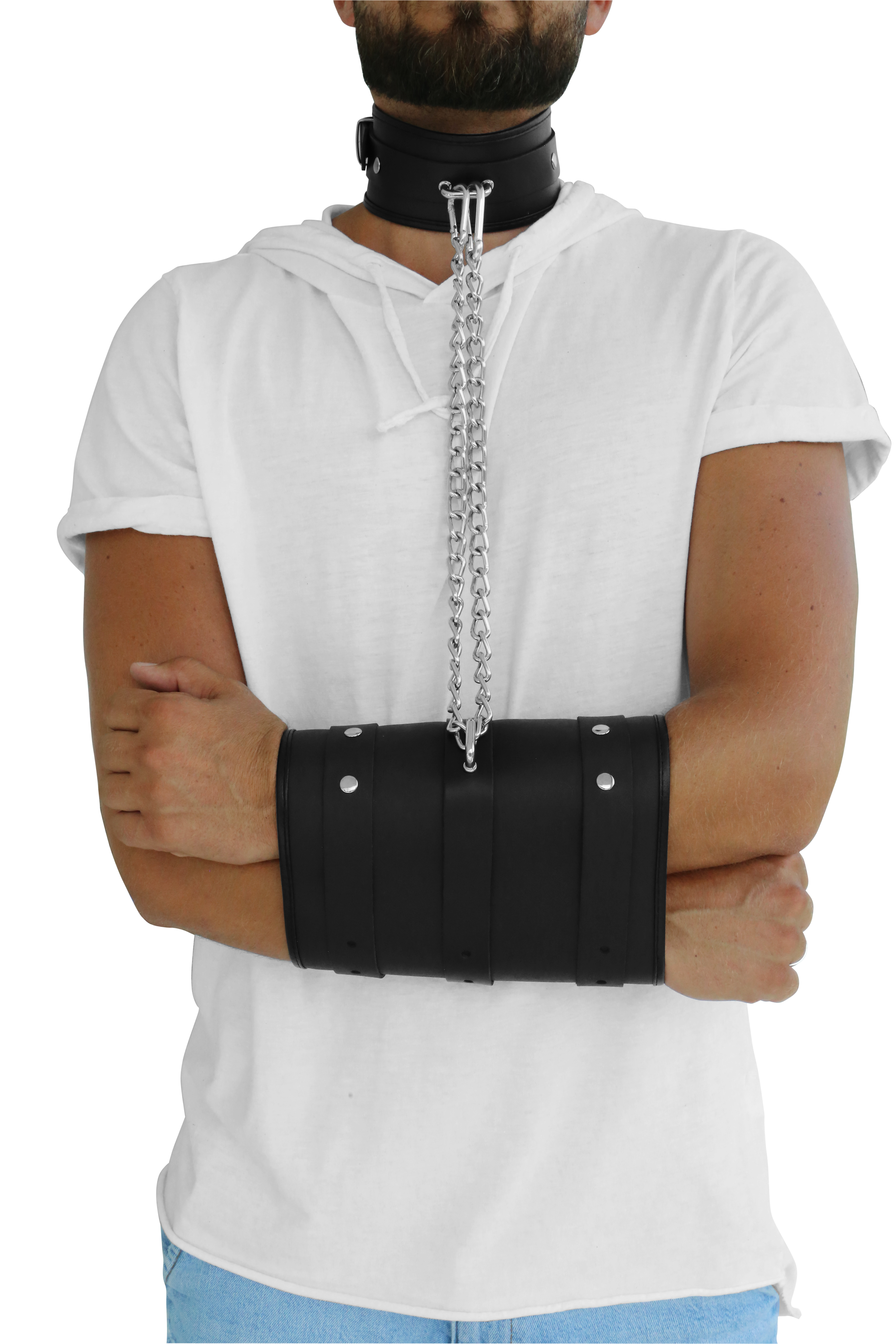 Lederhandfessel "Double" mit Halsband und Kette