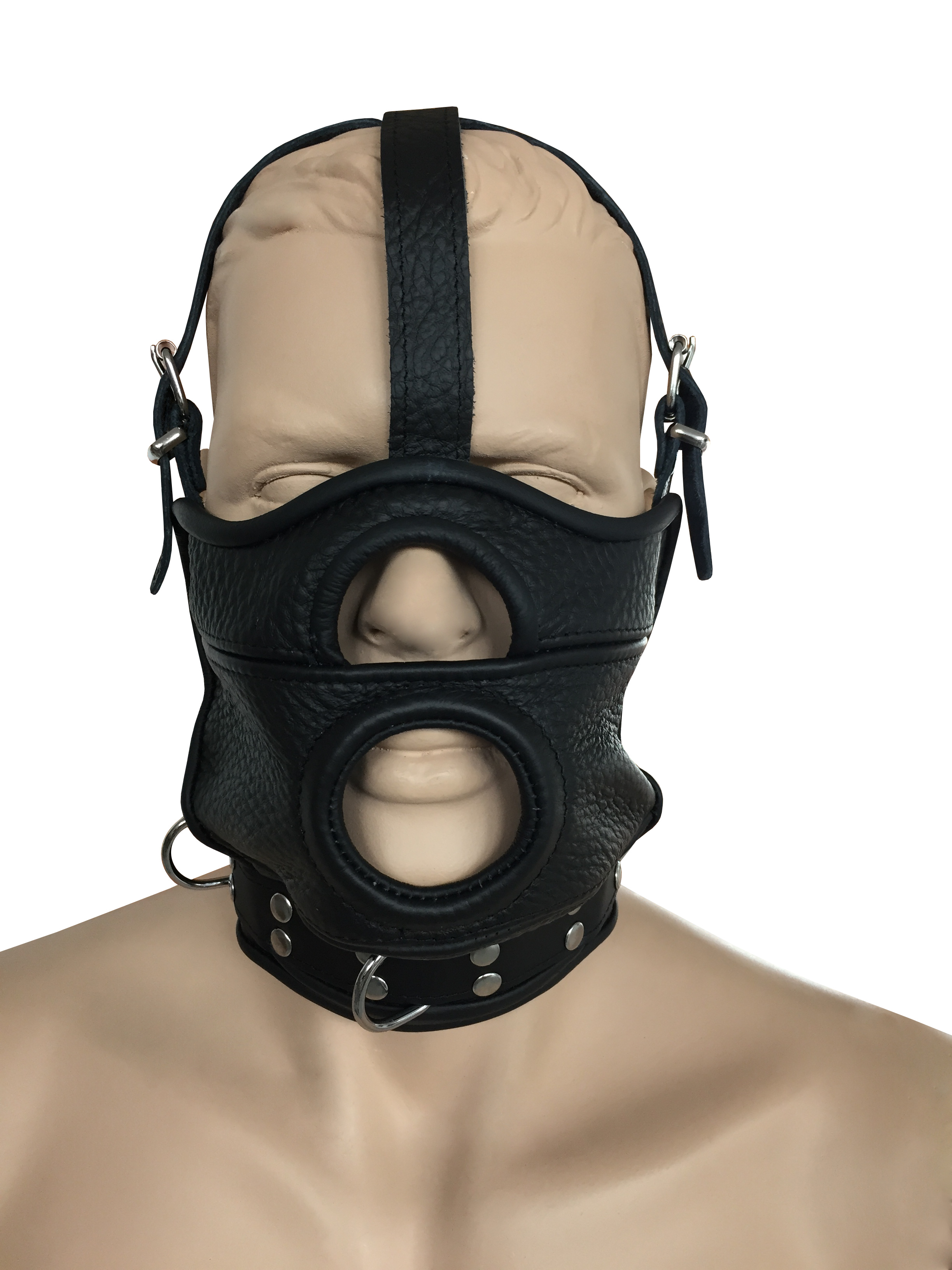 Maske mit Öffnung, abknüpfbarem Mundknebel und integrierter Halsfessel