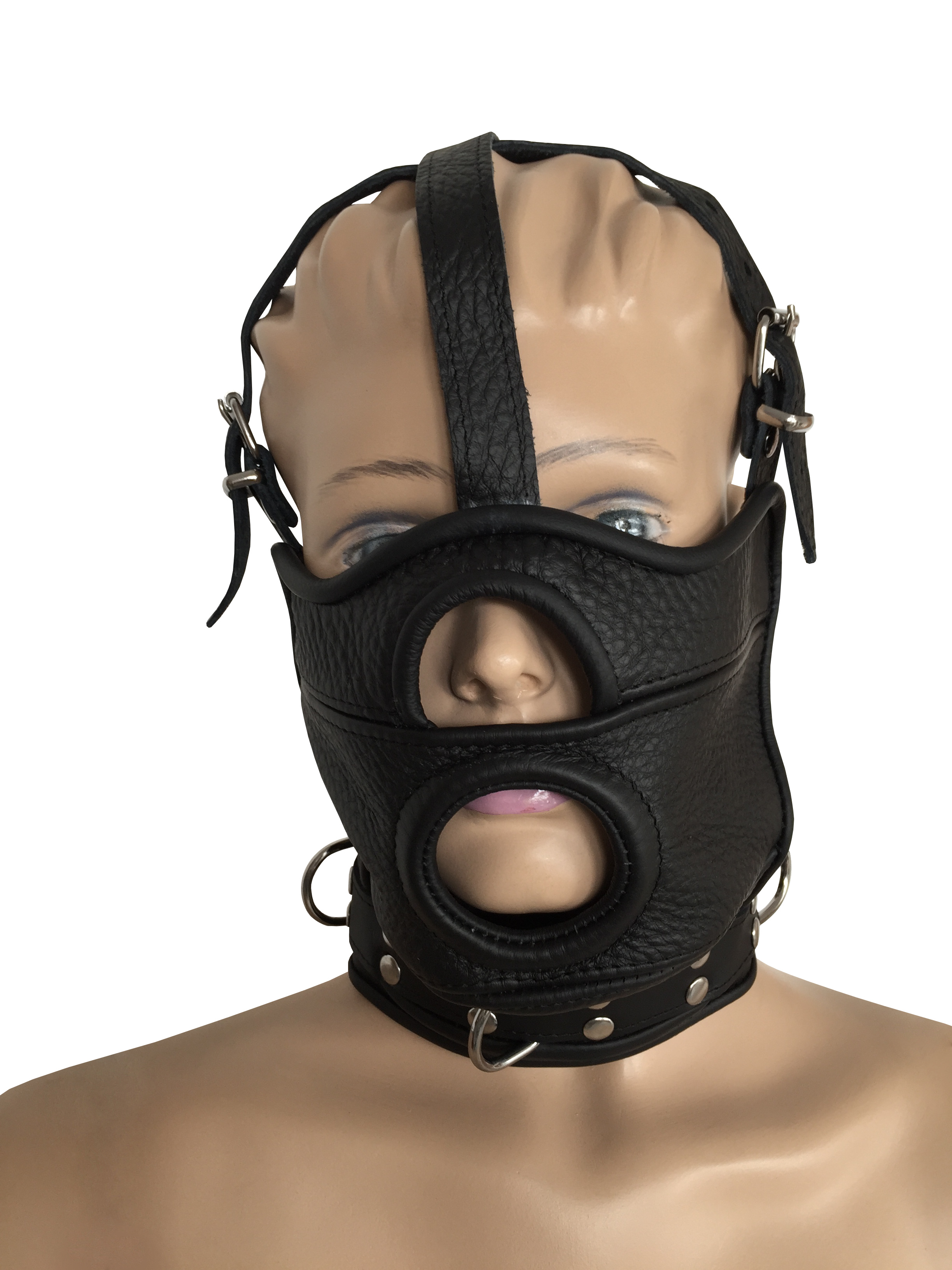 Maske mit Öffnung, abknüpfbarem Mundknebel und integrierter Halsfessel